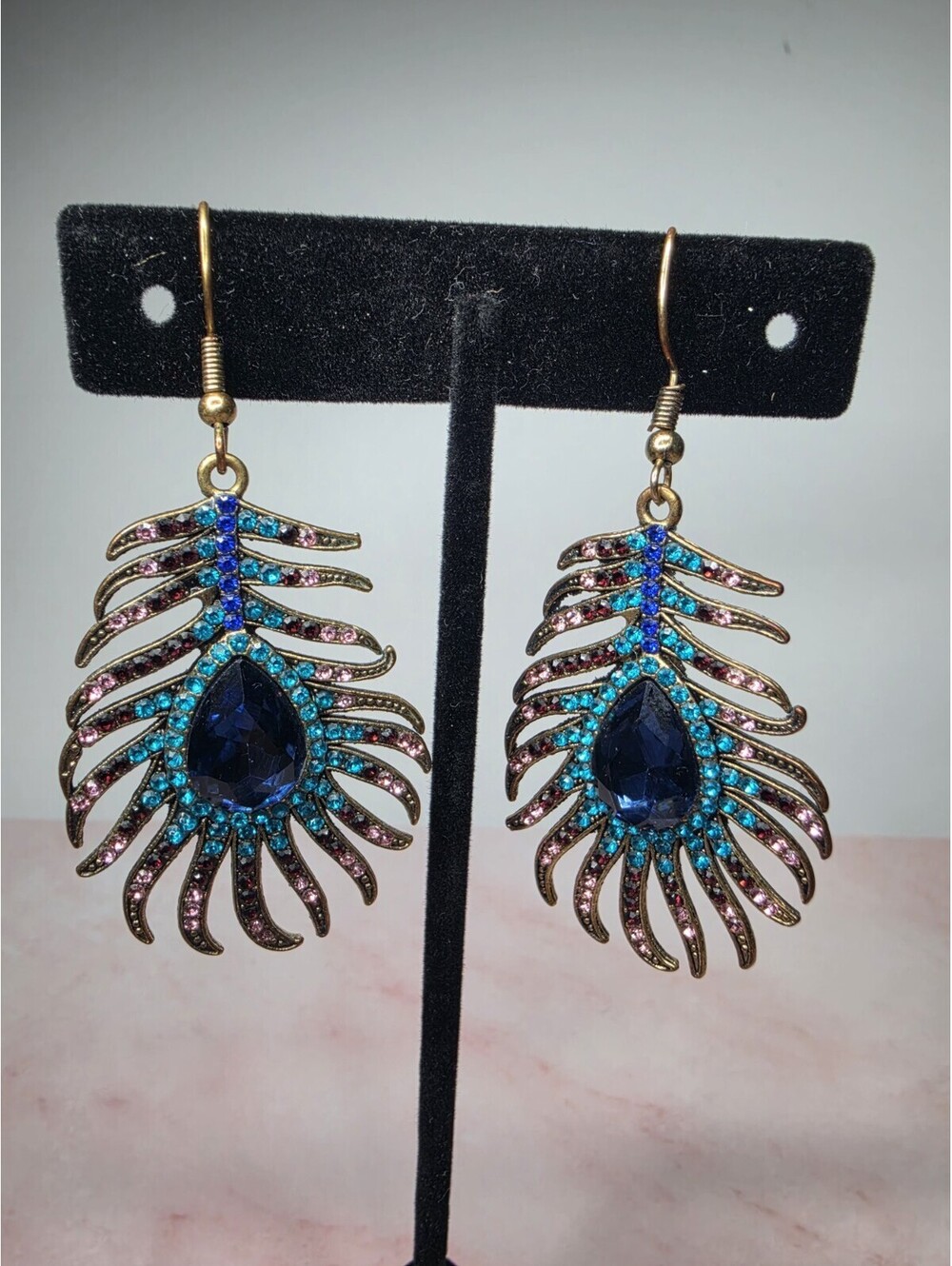 Eye Candy LA Crystal Peacock Feather Dangle Drop Earrings